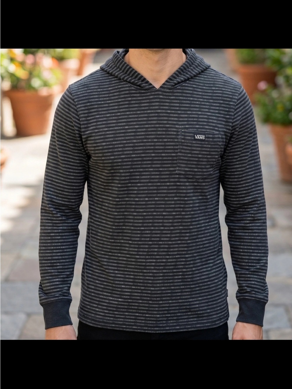 Vans Men’s Charcoal & Gray Striped Hooded Long Sleeve Shirt